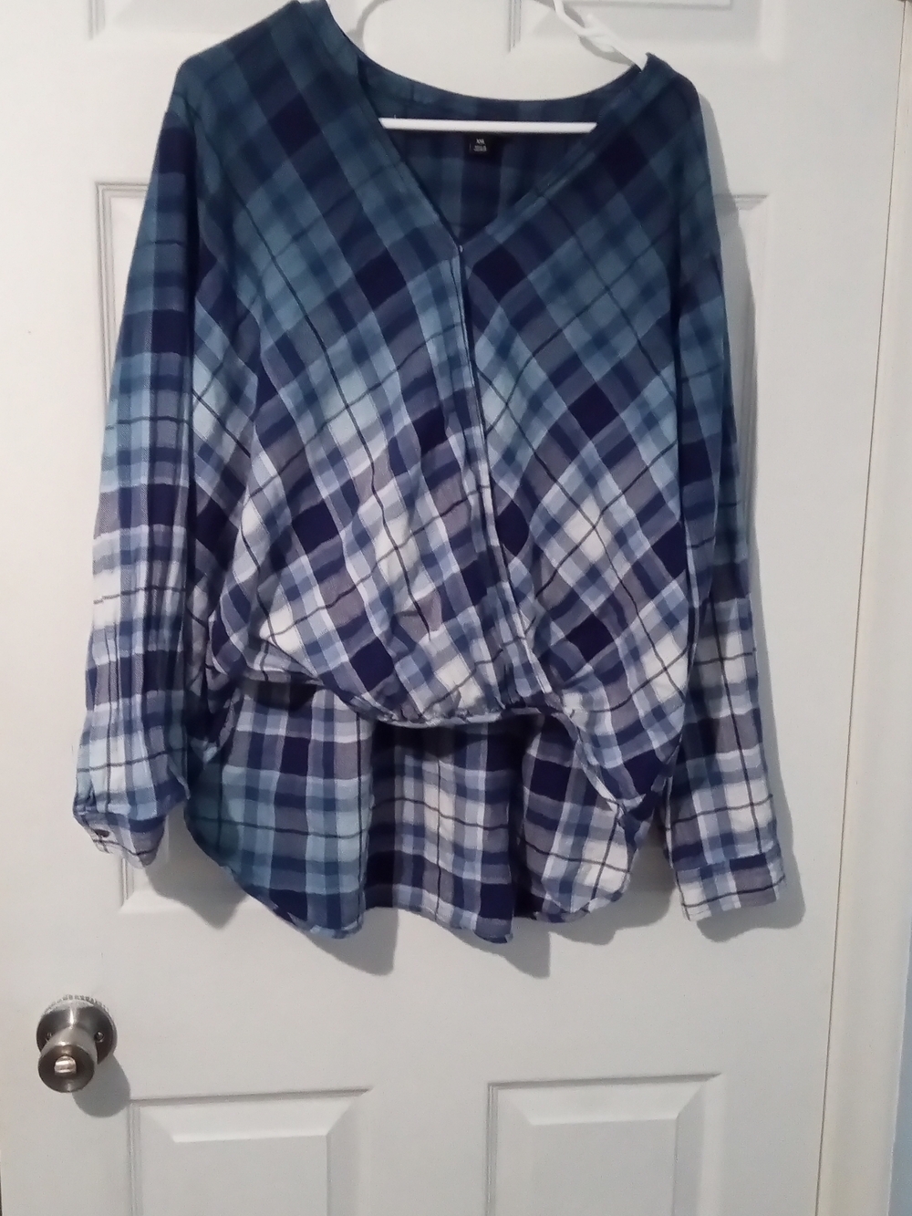 Blue Plaid Long-Sleeve V-Neck Blouse